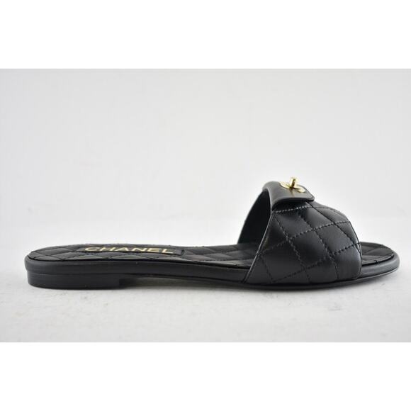 Chanel REV Black Turnlock Quilted Gold CC Logo Mules Slide Sandal Flop Flat 37 - Picture 2 of 12